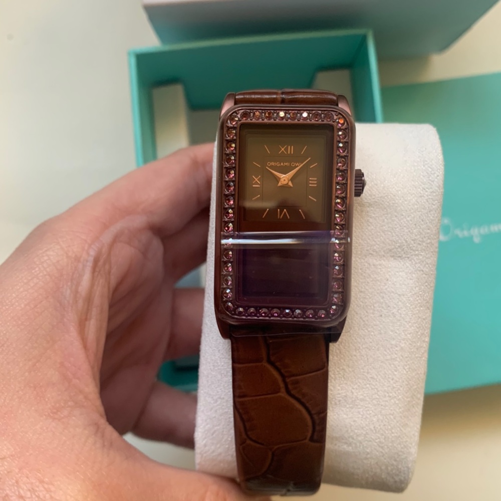 Origami Owl Chocolate Leather Watch -Lilac Swarovski Crystals- Stainless Steel